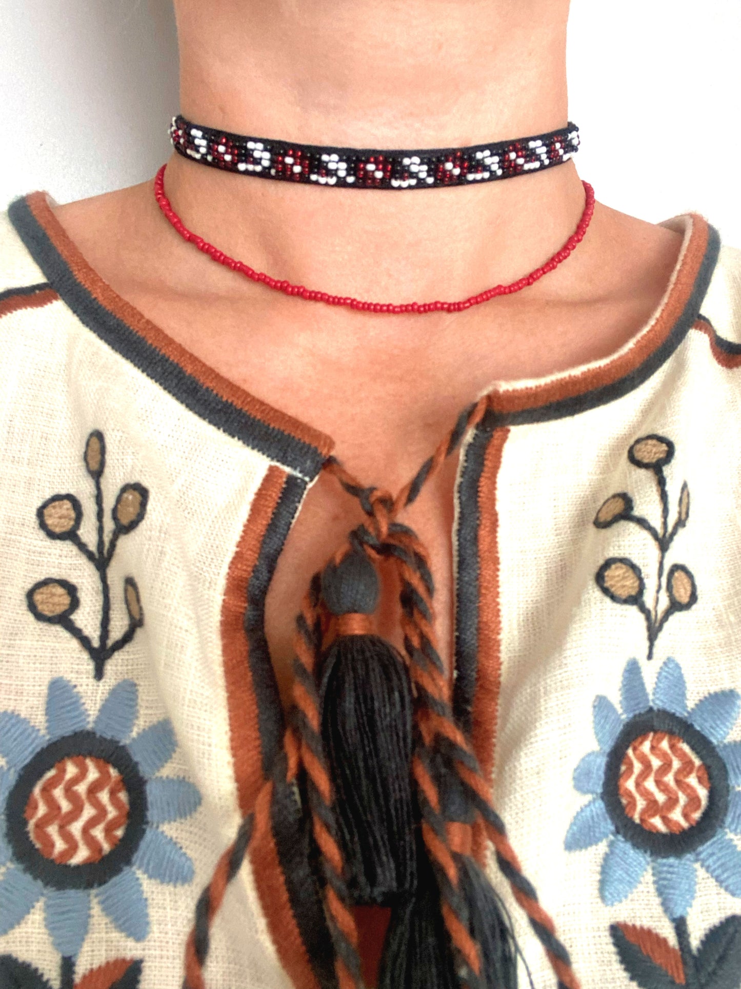 Ukraine Necklace Set Modern Black Gerdan Necklace and Traditional Ukrainian Red Necklace | Two Necklaces in One Set | Ukrainian Traditional and Modern Choker Necklace | Handmade Choker Necklace for Women Girls