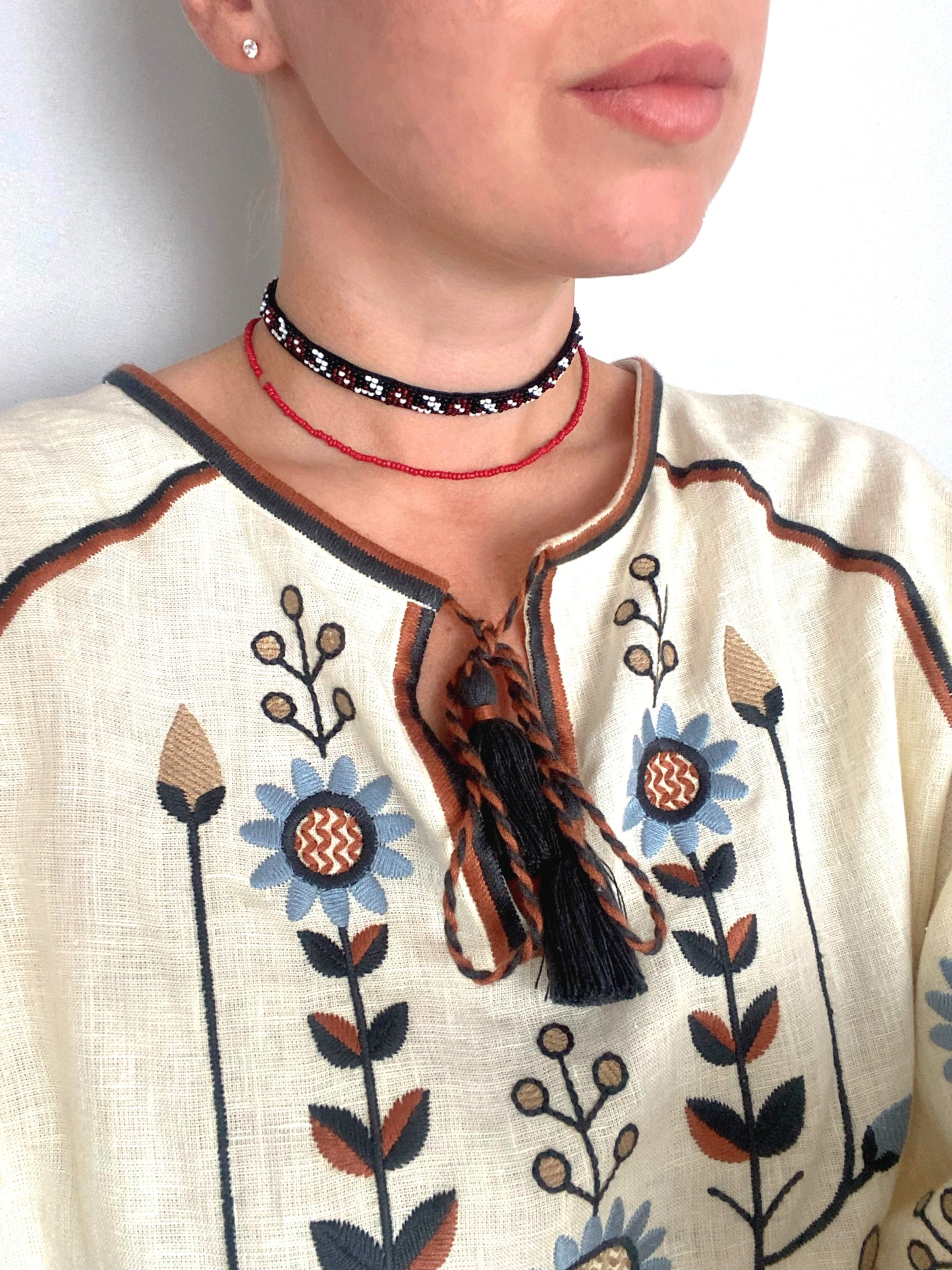 Ukraine Necklace Set Modern Black Gerdan Necklace and Traditional Ukrainian Red Necklace | Two Necklaces in One Set | Ukrainian Traditional and Modern Choker Necklace | Handmade Choker Necklace for Women Girls