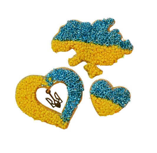 Ukrainian Pride Collection of Brooches || Handmade Brooch || Patriotic Ukrainian Map Brooch and Heart-shaped Brooch || Beaded Brooch in Blue-Yellow || Made in Ukraine