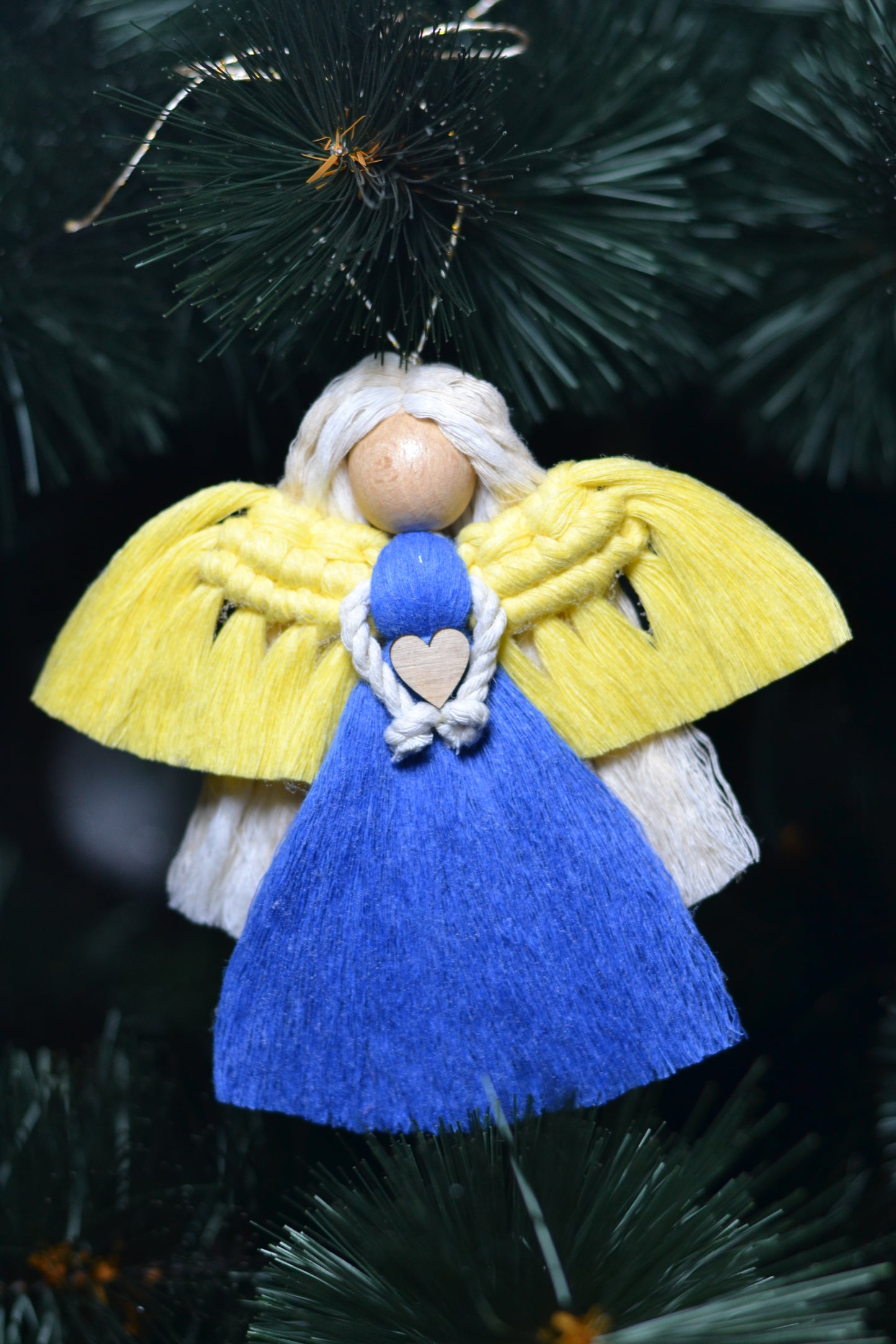 Ukrainian Blue Yellow Angel Girl with Heart || Macrame Wall Hanging Art Decor Craft || Handmade in Ukraine